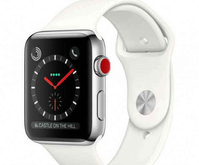 Apple Watch Series 3 GPS + Cellular 42mm Stainless Steel Case with Soft White Sport Band (MQK82)