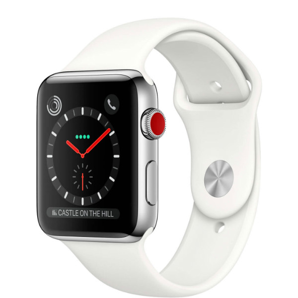 Apple Watch Series 3 GPS + Cellular 42mm Stainless Steel Case with Soft White Sport Band (MQK82)